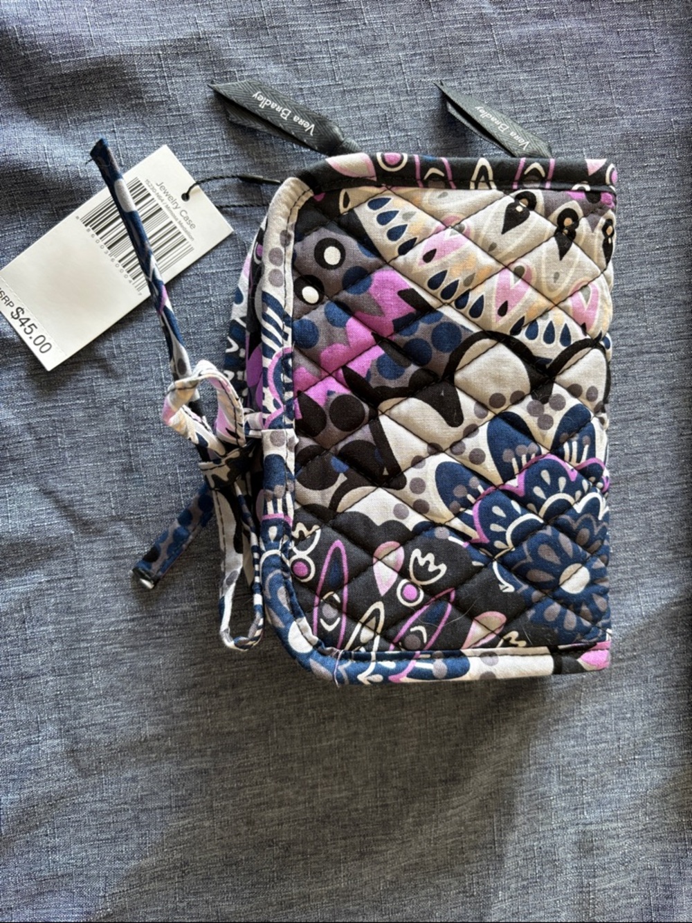 Vera Bradley Quilted Floral Jewelry Case in Navy, Gray & Purple Accent